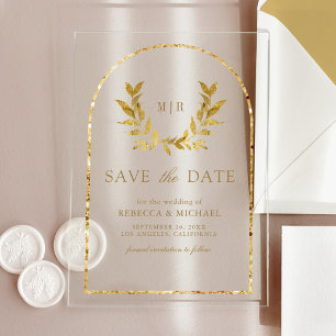 Gold Laurel Wreath-Blätter Hochzeit Sichern Sie da Acryleinladungen