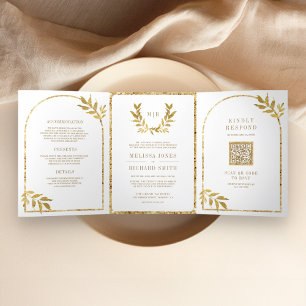 Gold Laurel Wreath Blätter White Wedding Dreifach Gefaltete Einladung