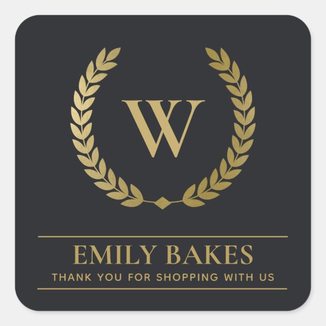 GOLD LAUREL WREATH INITIAL LOGO BUSINESS DANKEN QUADRATISCHER AUFKLEBER (Vorderseite)