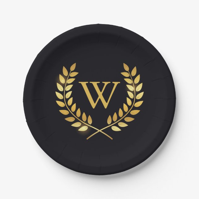 Gold Laurel Wreath Monogram Pappteller (Vorderseite)