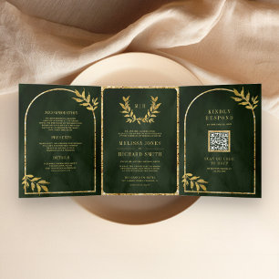 Gold Laurel Wreath Verlasst Olive Green Wedding Dreifach Gefaltete Einladung