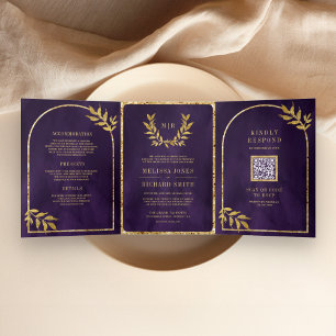 Gold Laurel Wreath Verlasst Royal Lila Wedding Dreifach Gefaltete Einladung