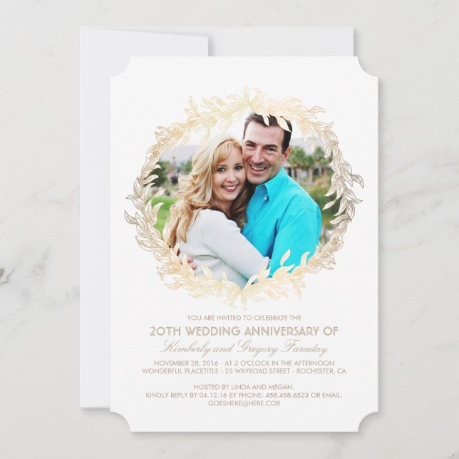 Gold Laurel Wreath White Foto Hochzeit Jahrestag Einladung (Vorderseite)