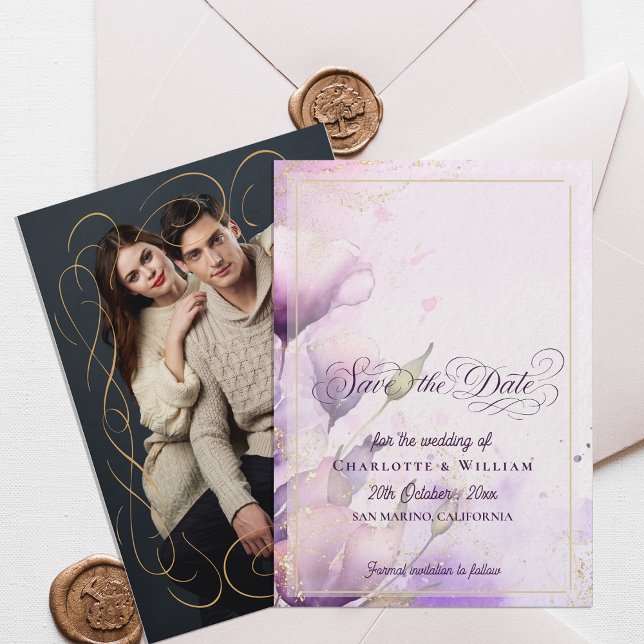 Gold Lavender Floral Photo Wedding Save the Date Einladung (Gold Lavender Floral Photo Wedding Save the Date Invitation)