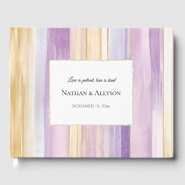 Gold Lavender Purple Stripes Wedding Gästebuch (Vorderseite)