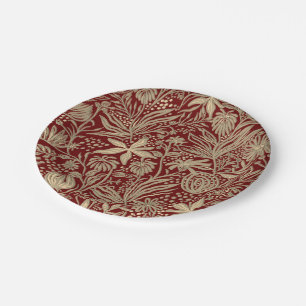 Gold Lazy floral Pattern auf Deep Red Pappteller
