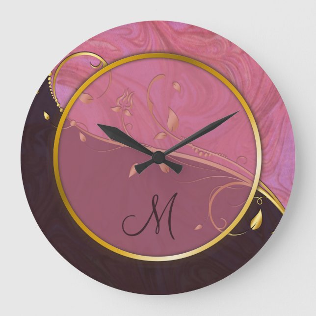 Gold Leaf Blühe Rosa Burgund hinzufügen Sie Ihre u Große Wanduhr (Vorderseite)