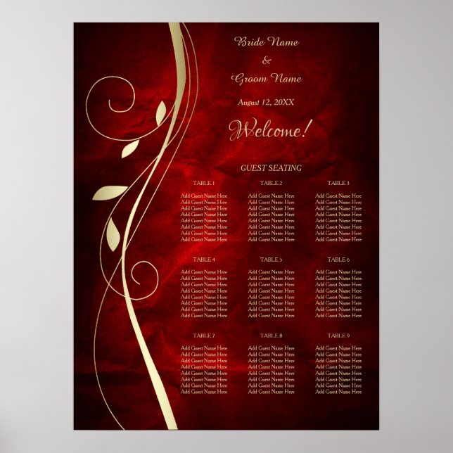 Gold Leaf Deep Red Wedding Seating Chart Poster (Vorne)