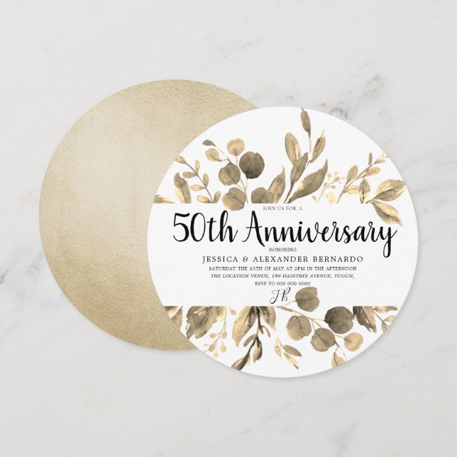 Gold Leaf Elegant Modernes 50. Hochzeitstag Einladung (Vorne/Hinten)