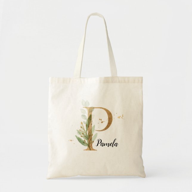Gold Leaf Greenery Elegant Foliage Personalize "P" Tragetasche (Vorne)