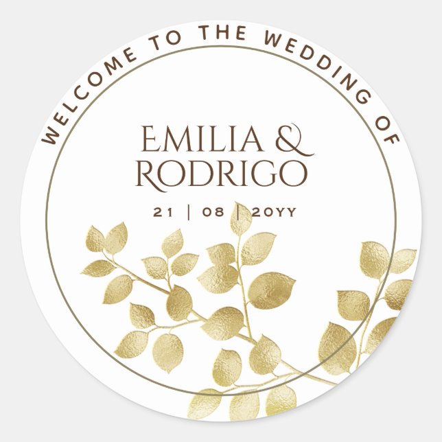 Gold Leaf Spanish Boda Begrüßung Gastgeschenk Hoch Runder Aufkleber (Vorderseite)