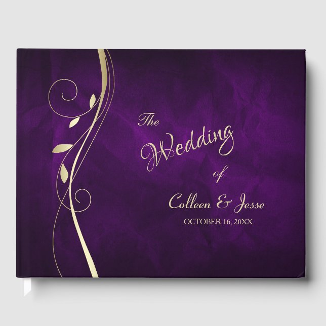 Gold Leaf Swirl Deep Lila Wedding Gästebuch (Vorderseite)