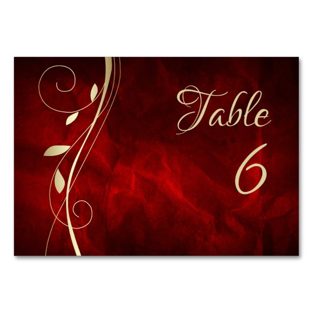 Gold Leaf Swirl Deep Red Wedding Tischnummer (Vorderseite)