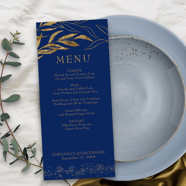 Gold Leaf und Confetti Royal Blue Menükarte (Royal Blue Menu from my Gold Leaf Quinceanera Collection)