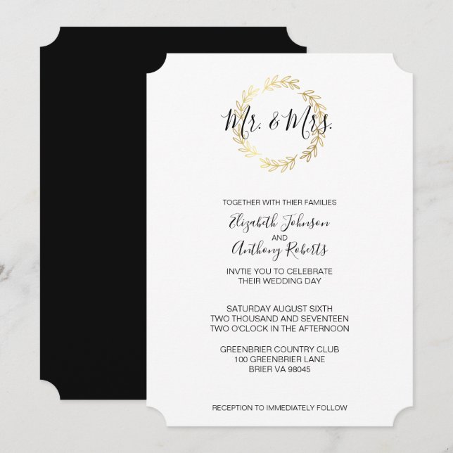 Gold Leaf Wreath & Black and White Script Wedding Einladung (Vorne/Hinten)