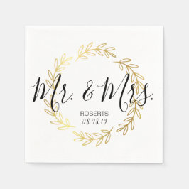 Gold Leaf Wreath & Black and White Script Wedding Serviette