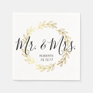 Gold Leaf Wreath & Black and White Script Wedding Serviette