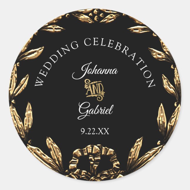 Gold Leaf Wreath Black Elegante Hochzeitstypografi Runder Aufkleber (Vorderseite)
