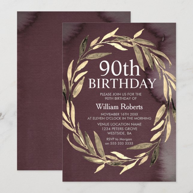 Gold Leaf Wreath Homme 90e anniversaire Invitation (Devant / Derrière)