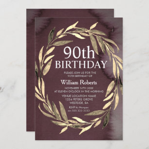 Gold Leaf Wreath Homme 90e anniversaire Invitation