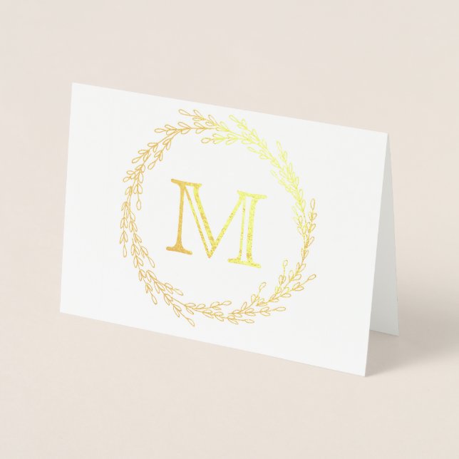 Gold Leaf Wreath Monogram Folienkarte (Vorderseite)