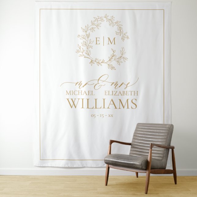 Gold Leafy Wappen Monogram Wedding Foto Wandteppich (Beispiel)