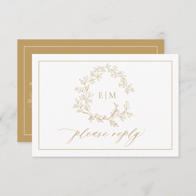 Gold Leafy Wappen Monogram Wedding RSVP Card (Vorne/Hinten)