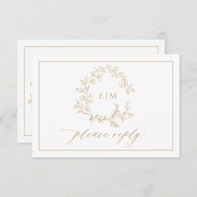 Gold Leafy Wappen Monogram Wedding RSVP Card (Vorne/Hinten)