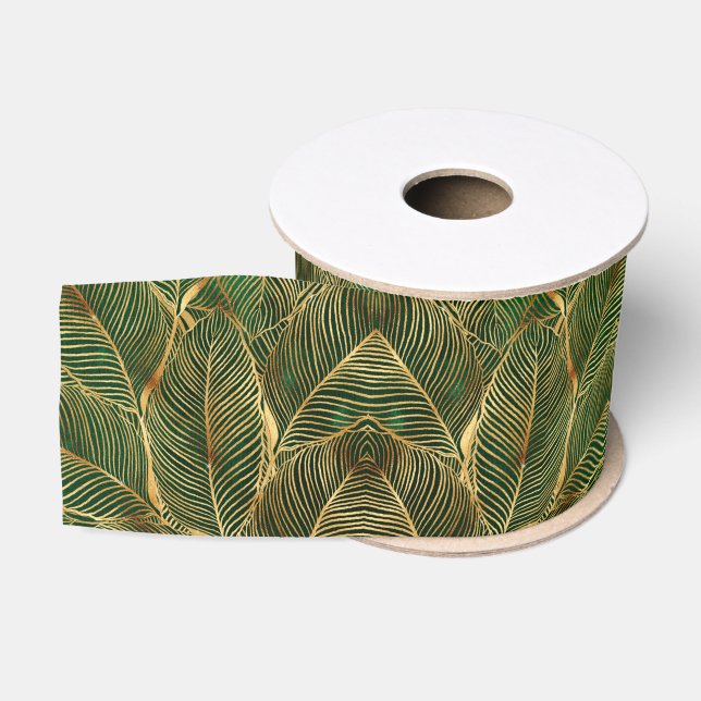 Gold Leaves Forest Green Elegant Pattern Ripsband (Spule)
