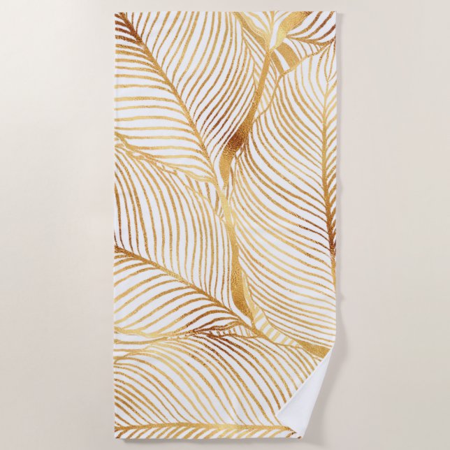 Gold Leaves White Elegant Pattern Strandtuch (Vorderseite)