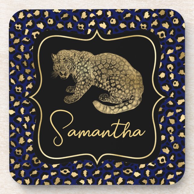 Gold Leopard and Blue Leopard Print Getränkeuntersetzer (Vorderseite)