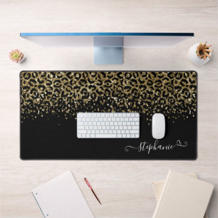 Gold Leopard Glitzer Monogram Black Schreibtischunterlage
