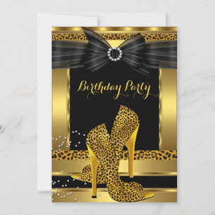 Gold Leopard High Heel Shoe Black Birthday Party 2 Einladung