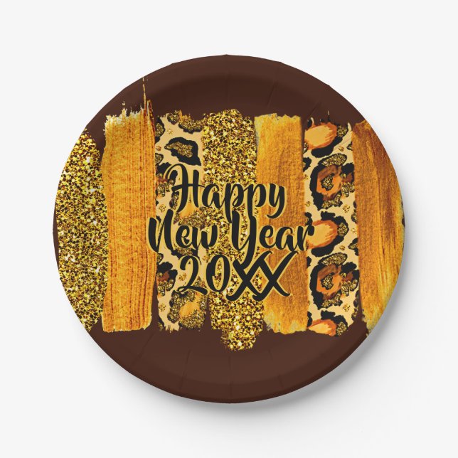 Gold & Leopard Pinselstriche Happy New Year 20xx 7 Pappteller (Vorderseite)