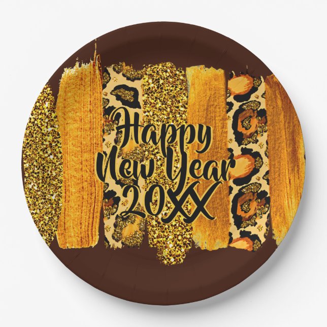 Gold & Leopard Pinselstriche Happy New Year 20xx 9 Pappteller (Vorderseite)