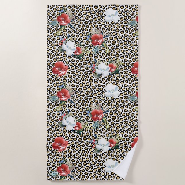 Gold Leopard Print Floral Strandtuch (Vorderseite)