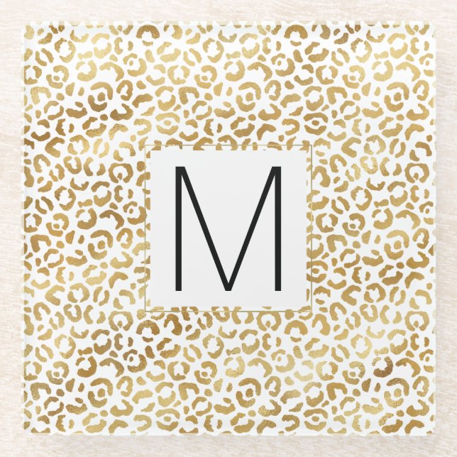 Gold Leopard Print Monogram Glasuntersetzer (Vorderseite)