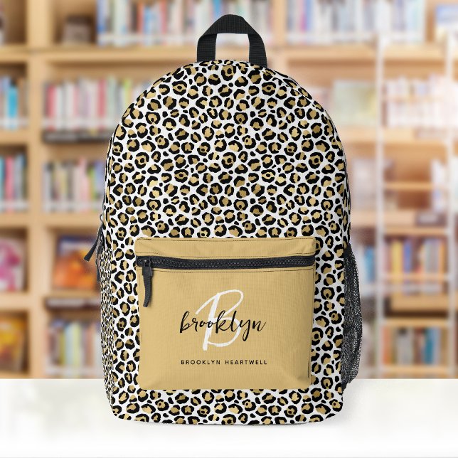 Gold Leopard Print Monogram Name Back to School Bedruckter Rucksack (Von Creator hochgeladen)