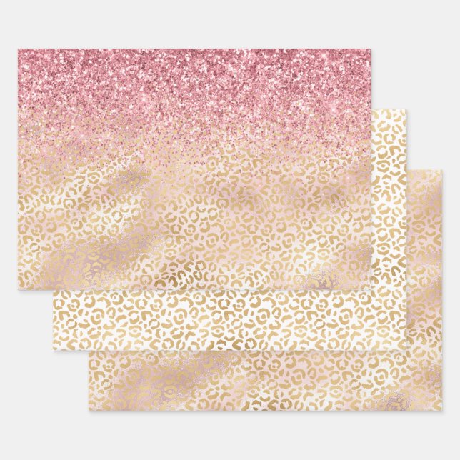 Gold Leopard Print Pink Glitzer Glitz Geschenkpapier Set (Set)