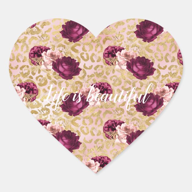 Gold Leopard Print Pink Roses Floral Herz-Aufkleber (Vorderseite)