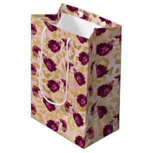 Gold Leopard Print Pink Roses Florals          Mittlere Geschenktüte