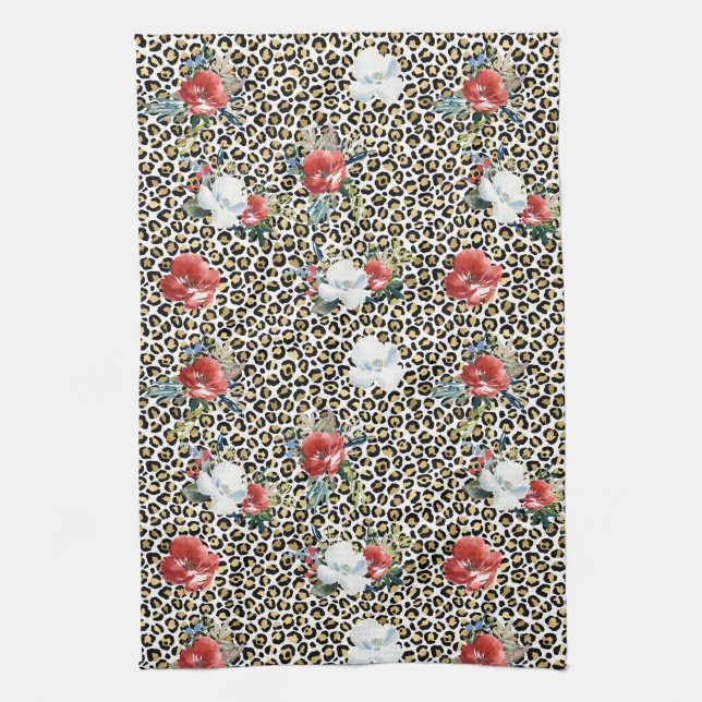 Gold Leopard Print Red White Floral Geschirrtuch (Vertikal)