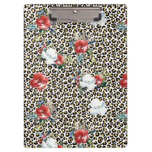 Gold Leopard Print Red White Floral Klemmbrett