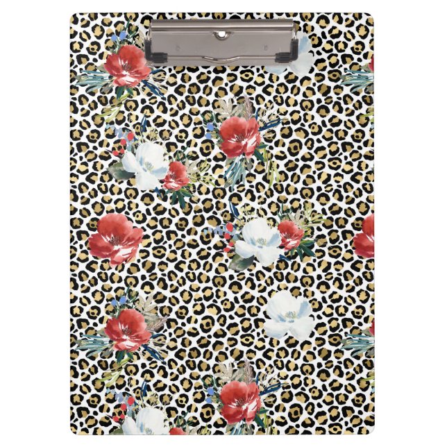 Gold Leopard Print Red White Floral Klemmbrett (Vorderseite)