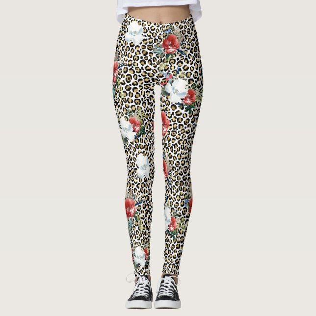 Gold Leopard Print Red White Floral Leggings (Vorderseite)