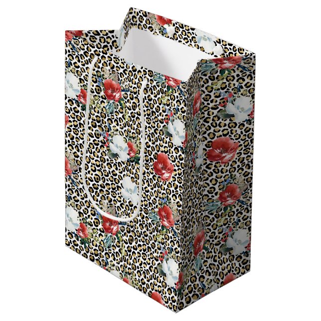 Gold Leopard Print Red White Floral Mittlere Geschenktüte (Vorderseite Schrägansicht)