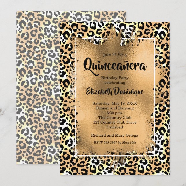 Gold Leopard Quinceañera Invitation de fête d'anni (Devant / Derrière)