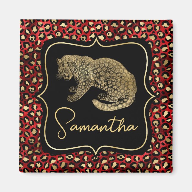 Gold Leopard und Red Leopard Print Magnet (Vorne)