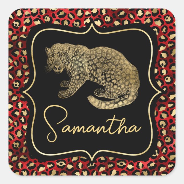 Gold Leopard und Rot Leopard Print Quadratischer Aufkleber (Vorderseite)