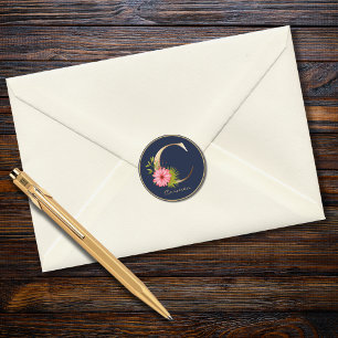 Gold Letter C Eleganic Navy Floral Monogram Runder Aufkleber